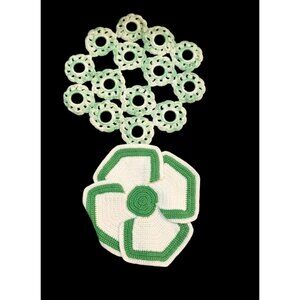 Green & White Vintage Crochet Doilies Handmade Floral Set Of 2 Two Sizes Pre-Own